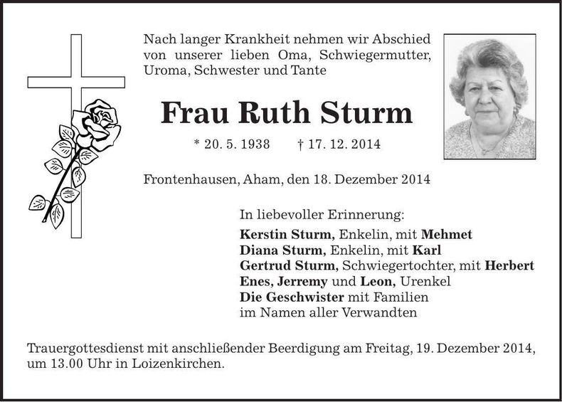 Traueranzeige Ruth Sturm