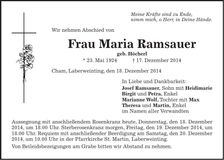 Traueranzeige Maria Ramsauer