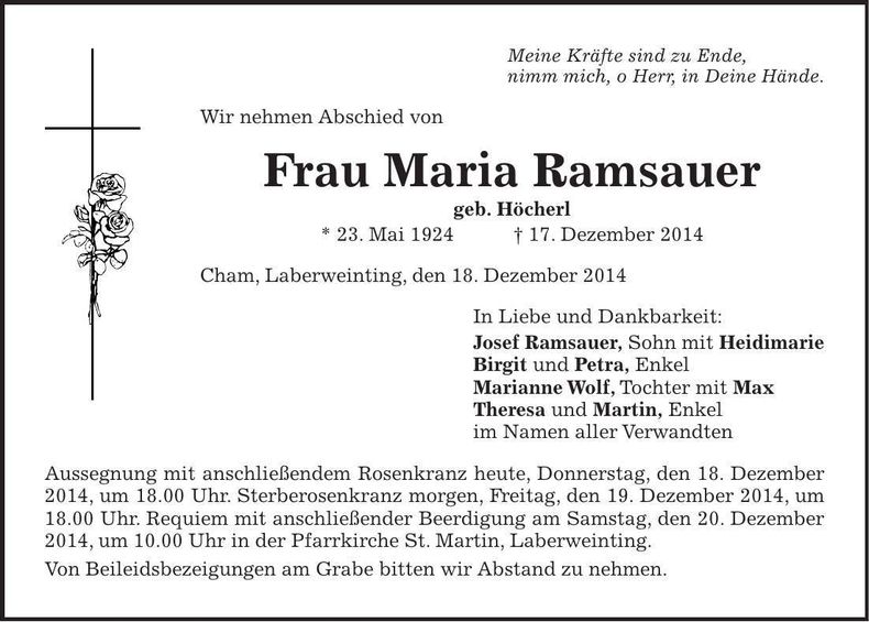 Traueranzeige Maria Ramsauer