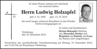 Traueranzeige Ludwig Holzapfel