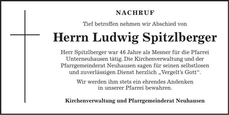 Traueranzeige Ludwig Spitzlberger