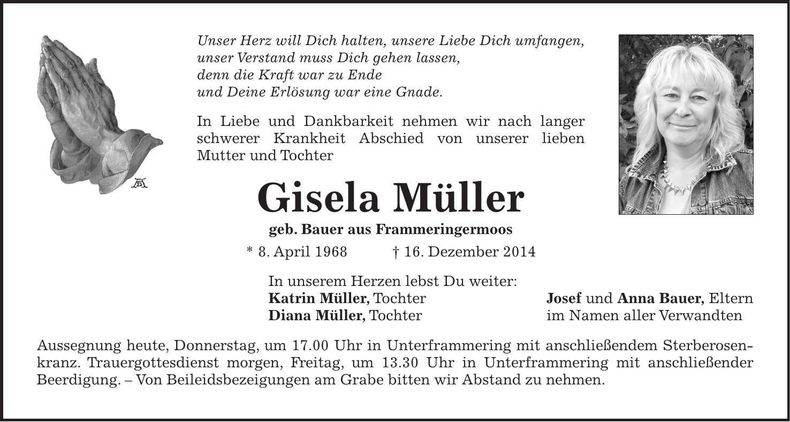 Traueranzeige Gisela Müller