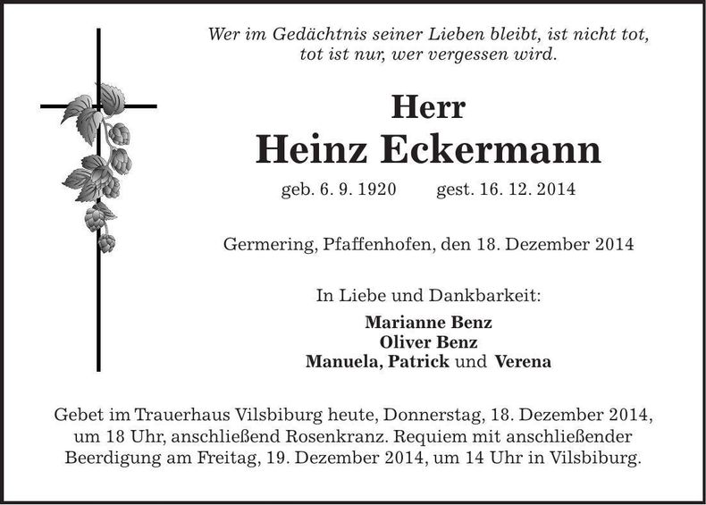 Traueranzeige Heinz Eckermann