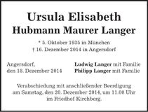 Traueranzeige Ursula Elisabeth Hubmann Maurer Langer