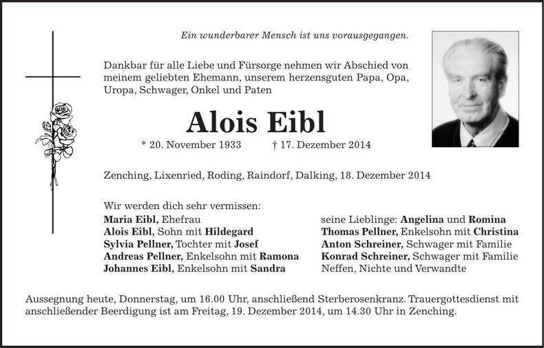 Traueranzeige Alois Eibl