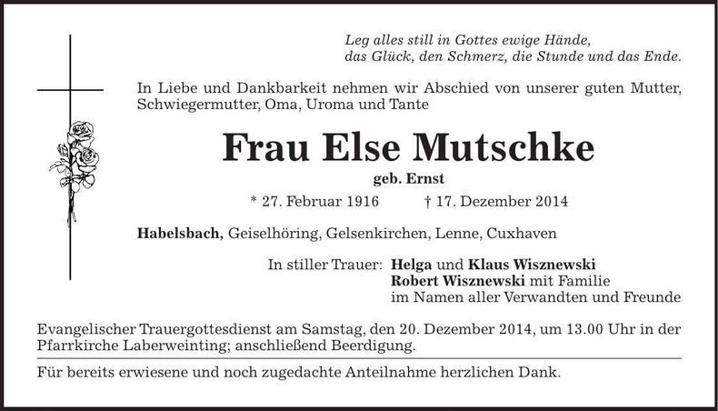 Traueranzeige Else Mutschke