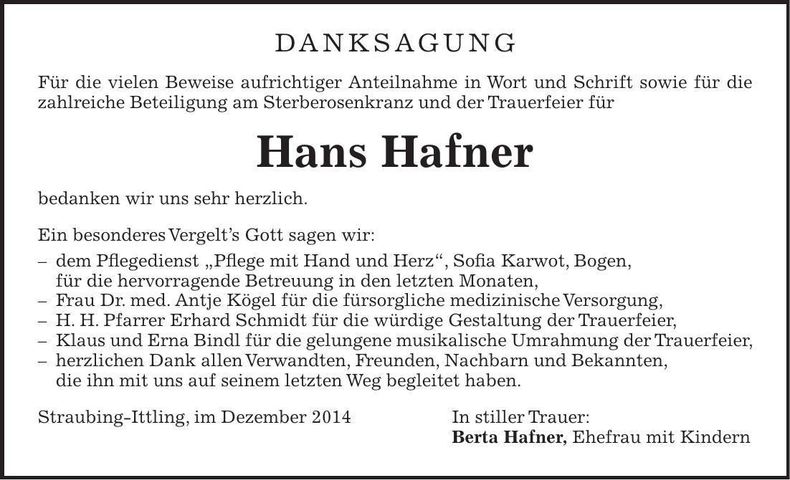 Traueranzeige Hans Hafner