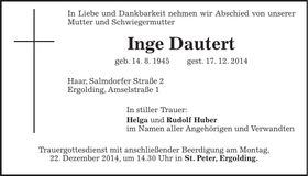 Traueranzeige Inge Dautert