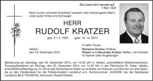 Traueranzeige Rudolf Kratzer