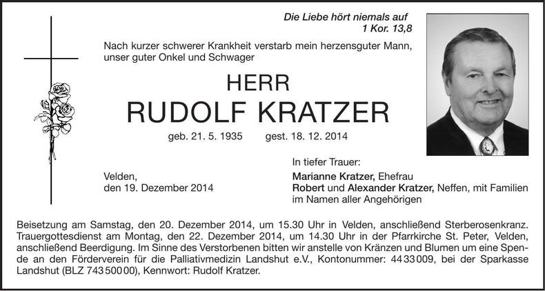 Traueranzeige Rudolf Kratzer