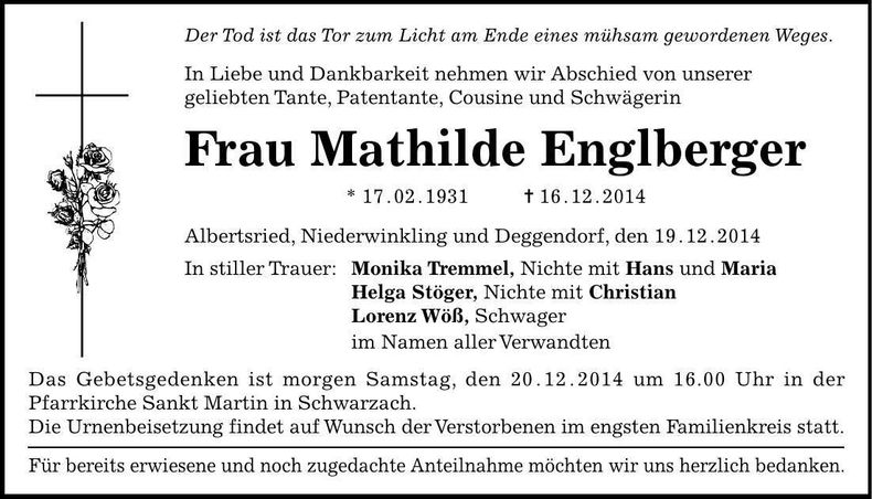 Traueranzeige Mathilde Englberger