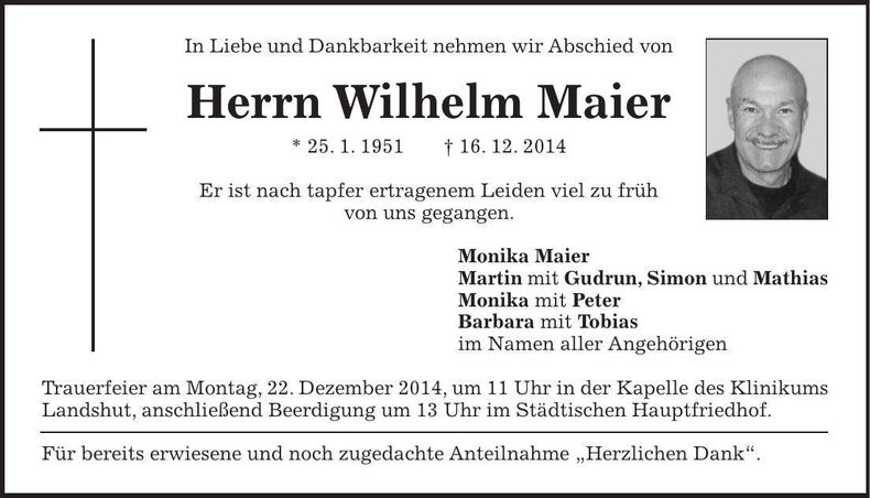 Traueranzeige Wilhelm Maier