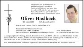Traueranzeige Oliver Haslbeck