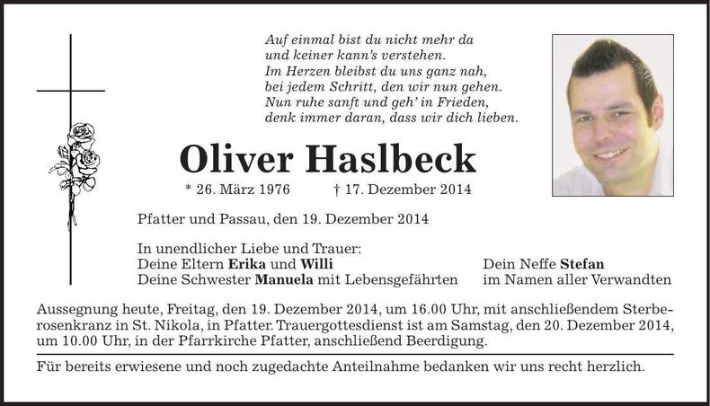 Traueranzeige Oliver Haslbeck