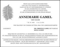 Traueranzeige Annemarie Gamel