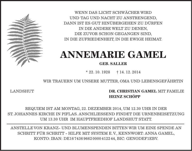 Traueranzeige Annemarie Gamel