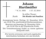 Traueranzeige Johann Hartlmüller