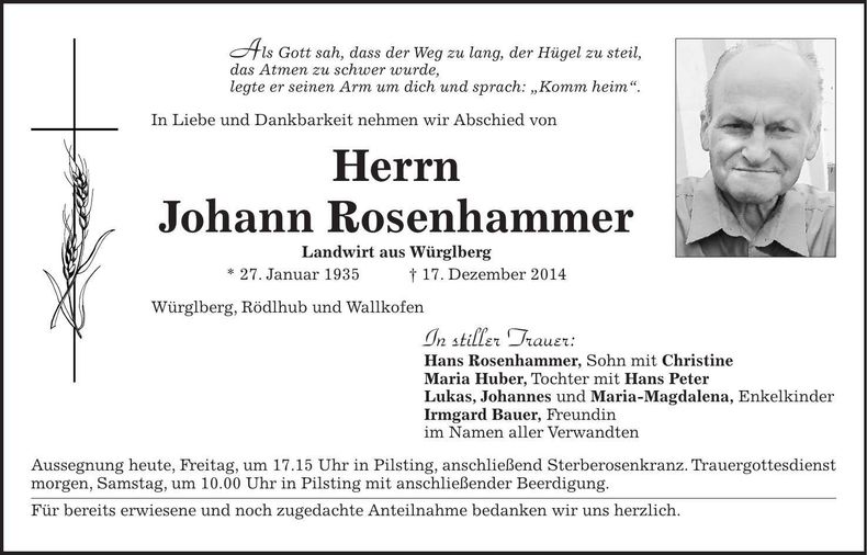 Traueranzeige Johann Rosenhammer