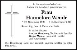 Traueranzeige Hannelore Wende