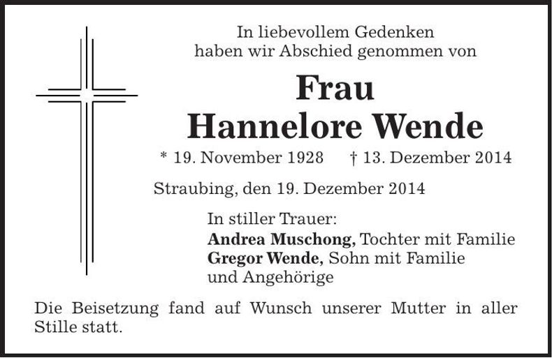 Traueranzeige Hannelore Wende