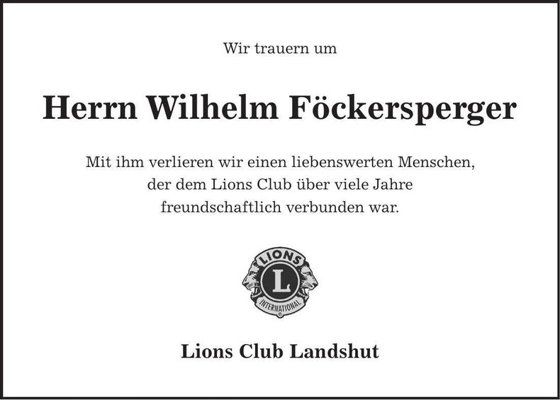 Traueranzeige Wilhelm Föckersperger