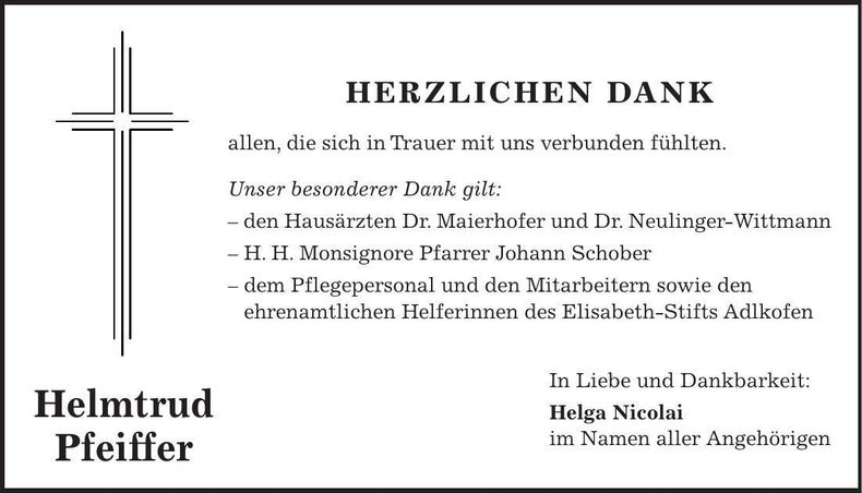 Traueranzeige Helmtrud Pfeiffer