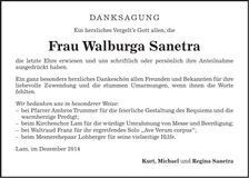 Traueranzeige Walburga Sanetra