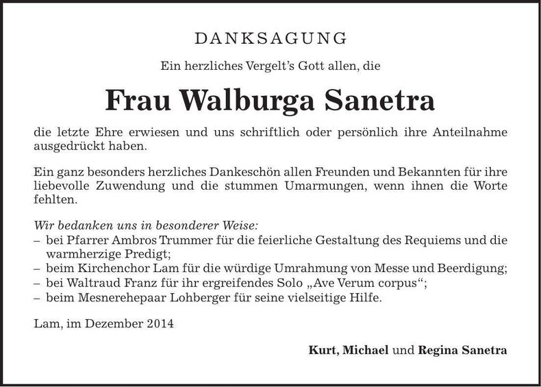 Traueranzeige Walburga Sanetra