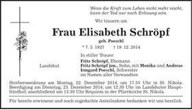 Traueranzeige Elisabeth Schröpf