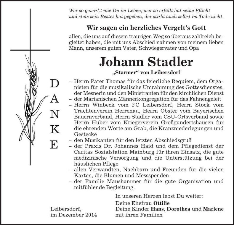 Traueranzeige Johann Stadler