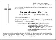 Traueranzeige Anna Stadler