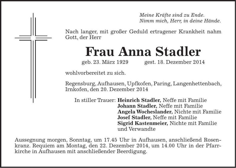 Traueranzeige Anna Stadler