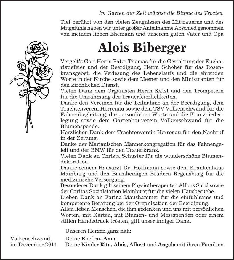 Traueranzeige Alois Biberger