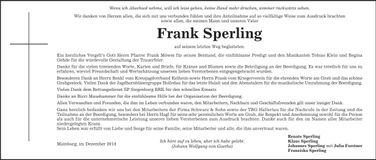 Traueranzeige Frank Sperling