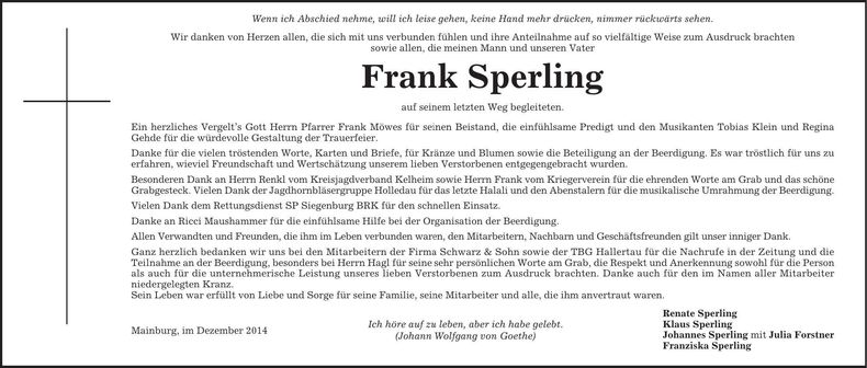 Traueranzeige Frank Sperling