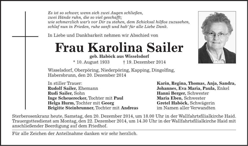Traueranzeige Karolina Sailer