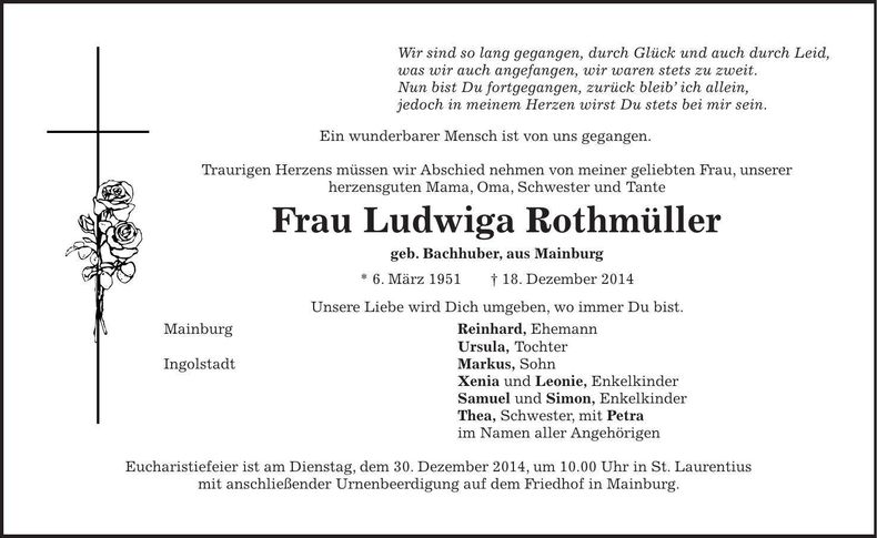 Traueranzeige Ludwiga Rothmüller