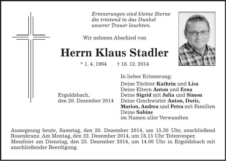 Traueranzeige Klaus Stadler