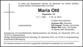 Traueranzeige Maria Ottl