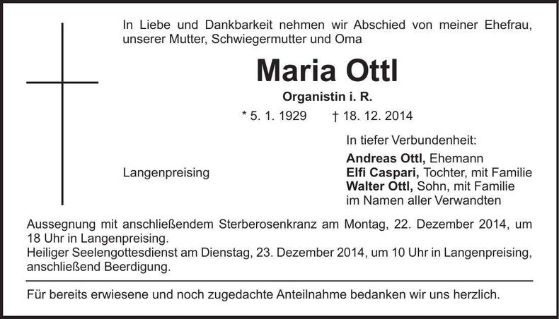 Traueranzeige Maria Ottl