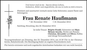 Traueranzeige Renate Haußmann