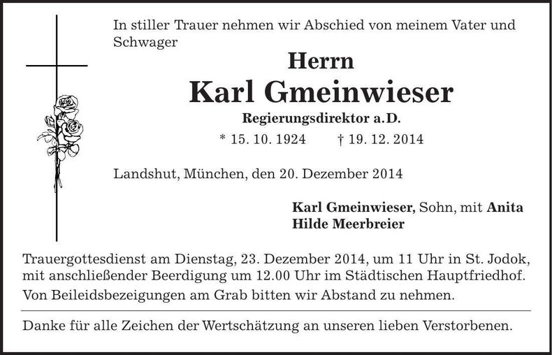 Traueranzeige Karl Gmeinwieser