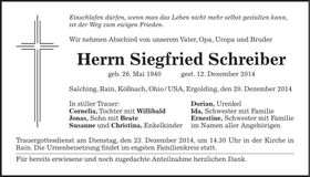 Traueranzeige Siegfried Schreiber