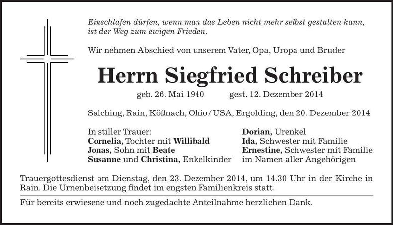 Traueranzeige Siegfried Schreiber
