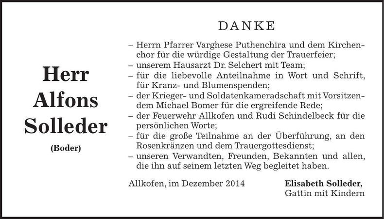 Traueranzeige Alfons Solleder
