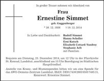 Traueranzeige Ernestine Simmet