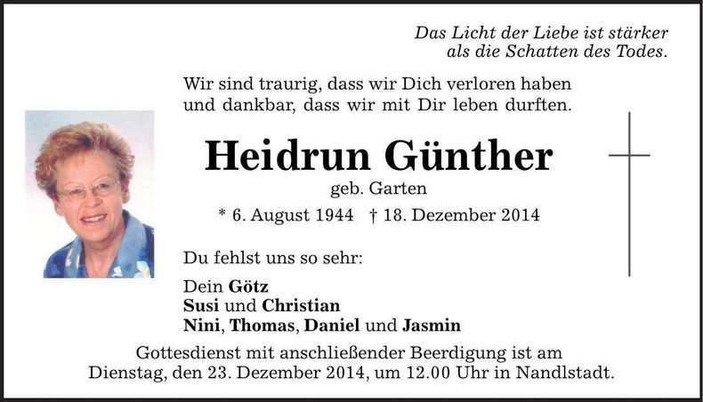 Traueranzeige Heidrun Günther