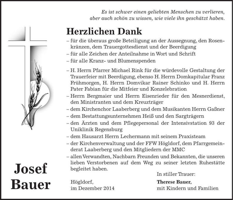 Traueranzeige Josef Bauer
