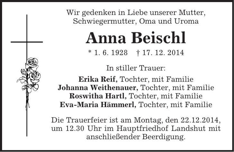 Traueranzeige Anna Beischl