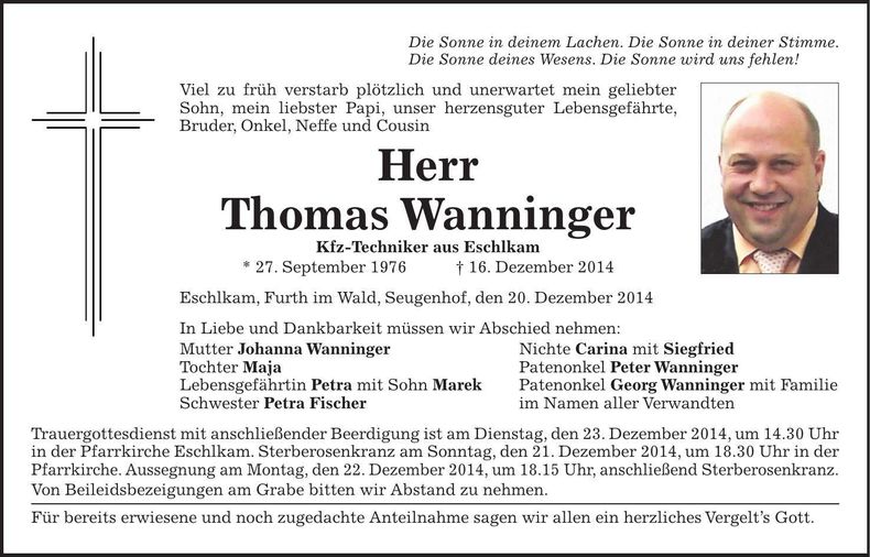Traueranzeige Thomas Wanninger